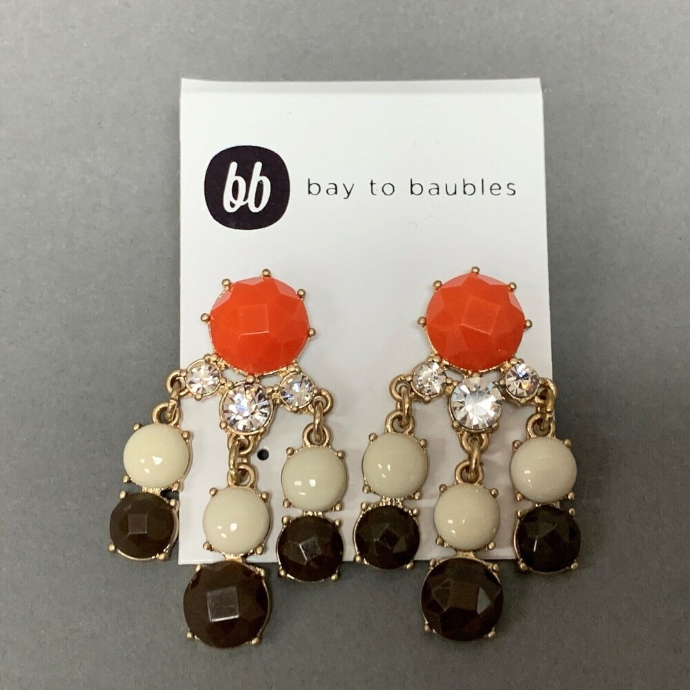 Bay to Baubles Women's Dangling Earrings Orange Ivory Brown Gold-tone‎ NWOT